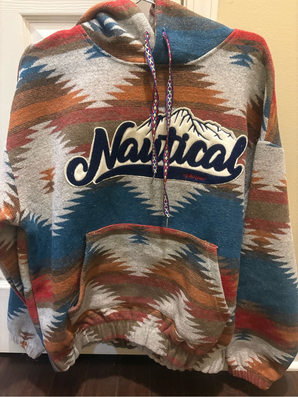 Aelfric Eden Multicolor Aztec-Pattern Hoodie with Navy Script Small